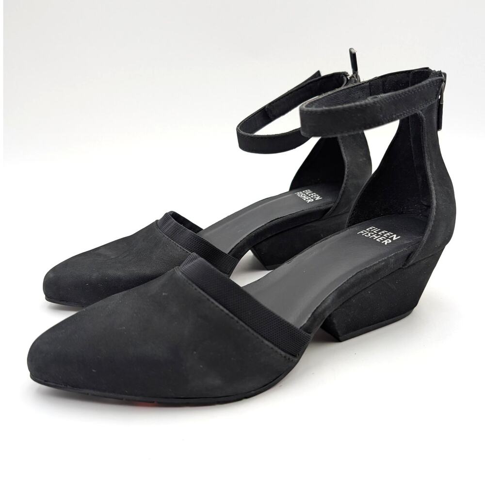 Eileen Fisher Just Suede Ankle Strap Pump Women's Black Size US7 EU37.5